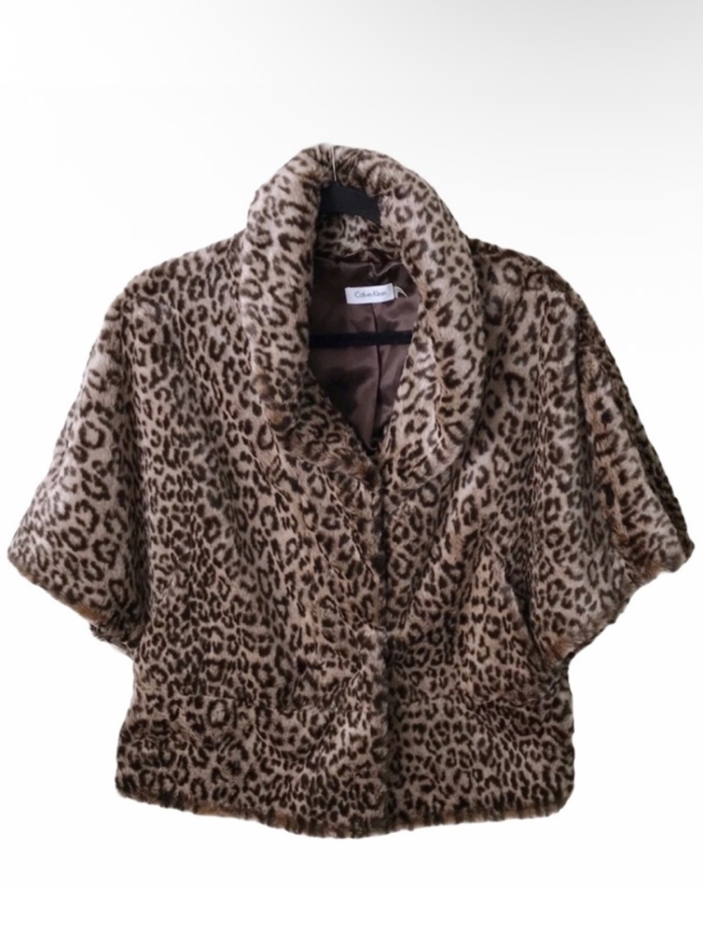 Calvin Klein Leopard Faux Fur Cropped Shrug Coat